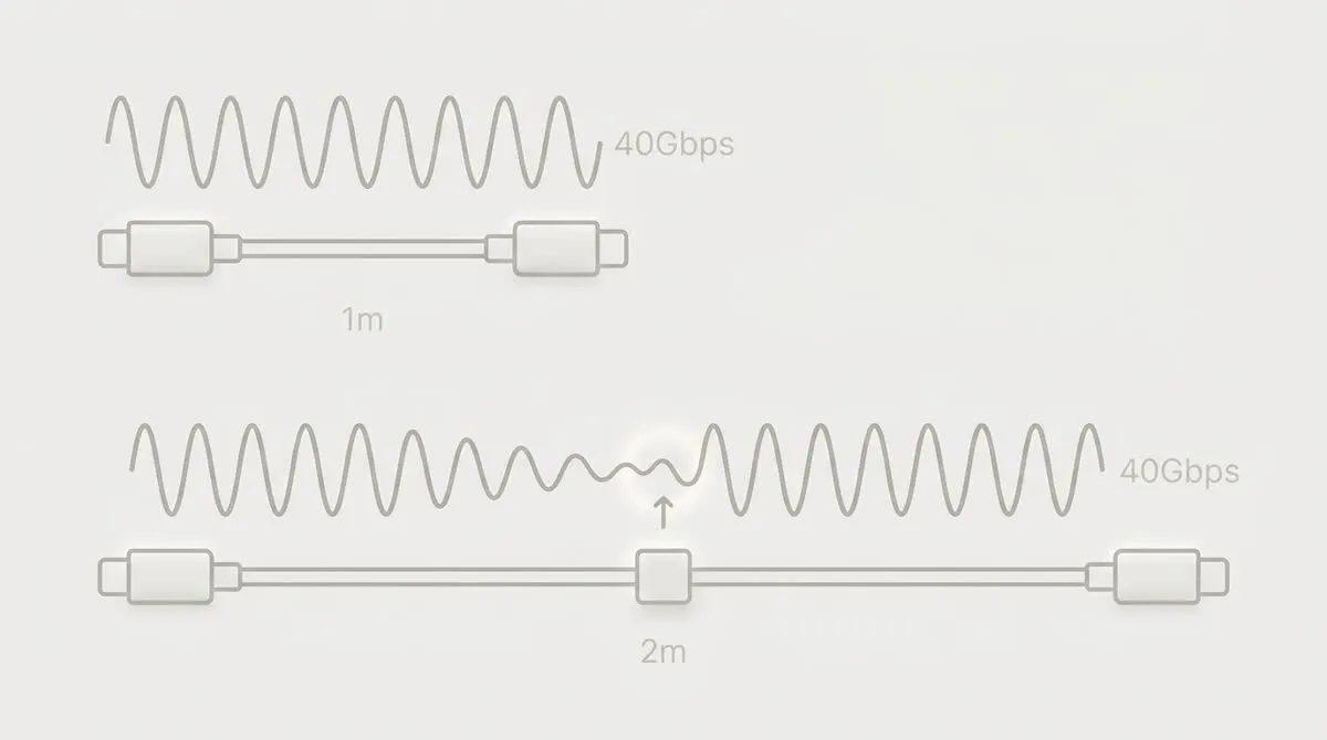 1mのパッシブケーブルは何もなくても40Gbpsの信号を保てるが、2mのアクティブケーブルは中央のチップが信号を途中で増幅することで同じ40Gbpsを実現している様子を示した図