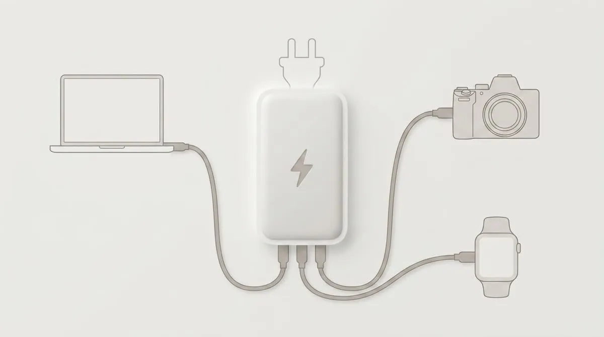 Anker 733 Power Bankから3本のケーブルが伸び、MacBook Pro・一眼カメラ・Apple Watchに同時充電しているイメージ図