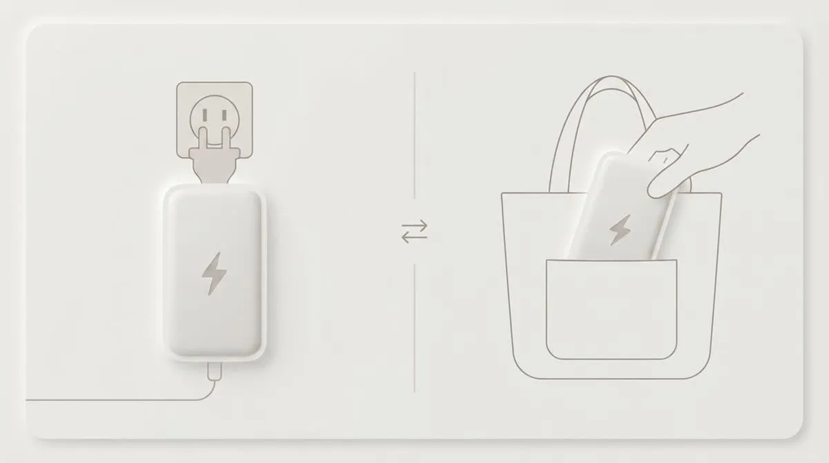 Anker 733 Power Bankがコンセントに挿さった充電器の状態と、バッグに入れて持ち出すモバイルバッテリーの状態を対比したイメージ図