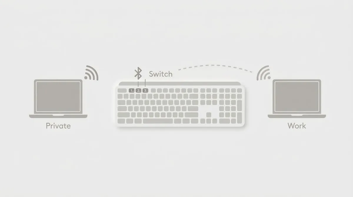 MX KEYS本体からプライベート用・会社用の2台のノートPCへ、Easy-Switchボタンで無線接続を切り替えているイメージ図